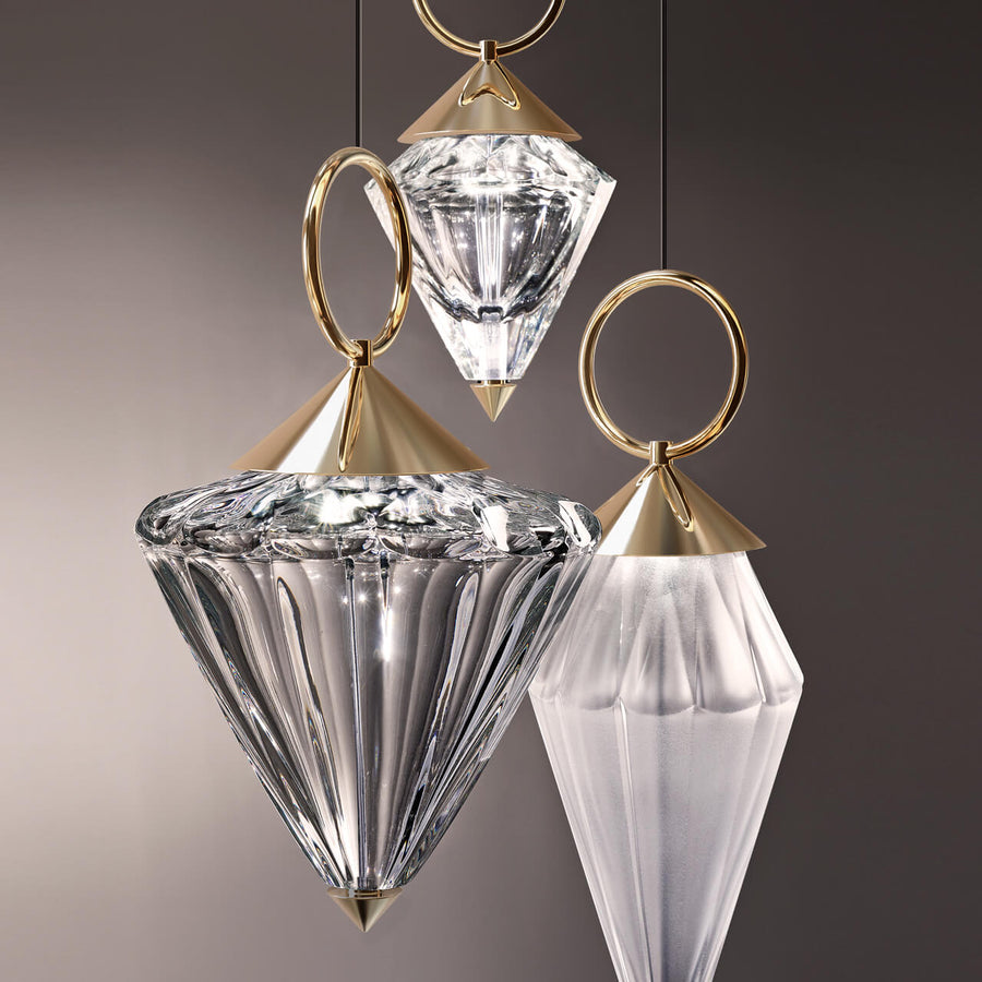 Gold-finish Italamp Donna Suspension Lamp with transparent and frosted crystal elements, luxury pendant lighting at Spacio India