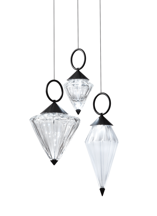 Italamp Donna Suspension Lamp with three faceted crystal diffusers and black ring tops, elegant Italian design showcased at Spacio India