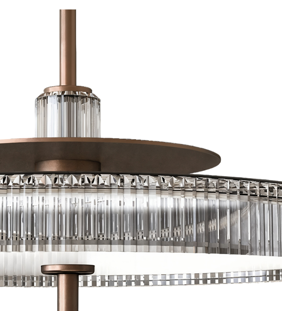 Detailed side profile of Italamp Gilda Suspension highlighting the sculptural metal frame and crystal ring. Premium decorative lighting by Italamp, Italy.