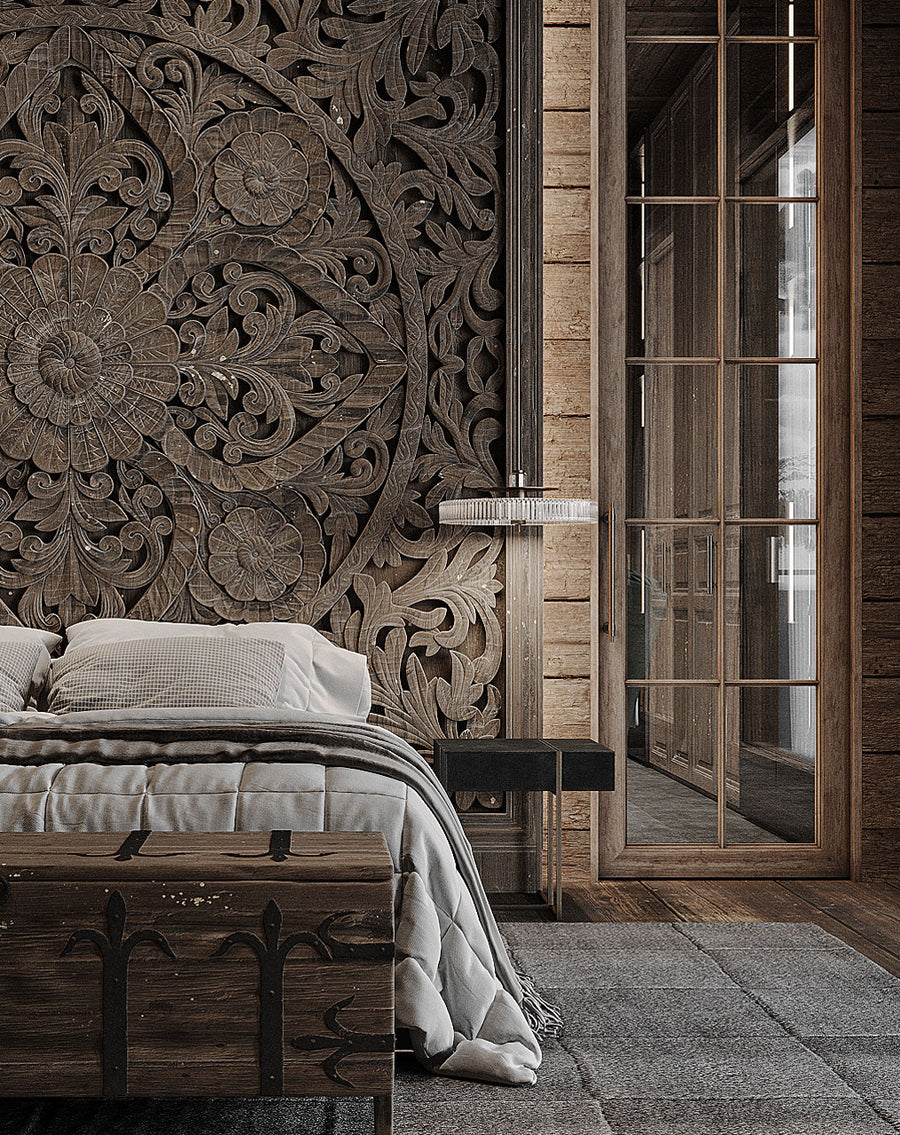 Italamp Gilda Suspension styled as bedside lamps in a carved wood luxury bedroom. Ideal for modern and baroque interiors, available at Spacio India.