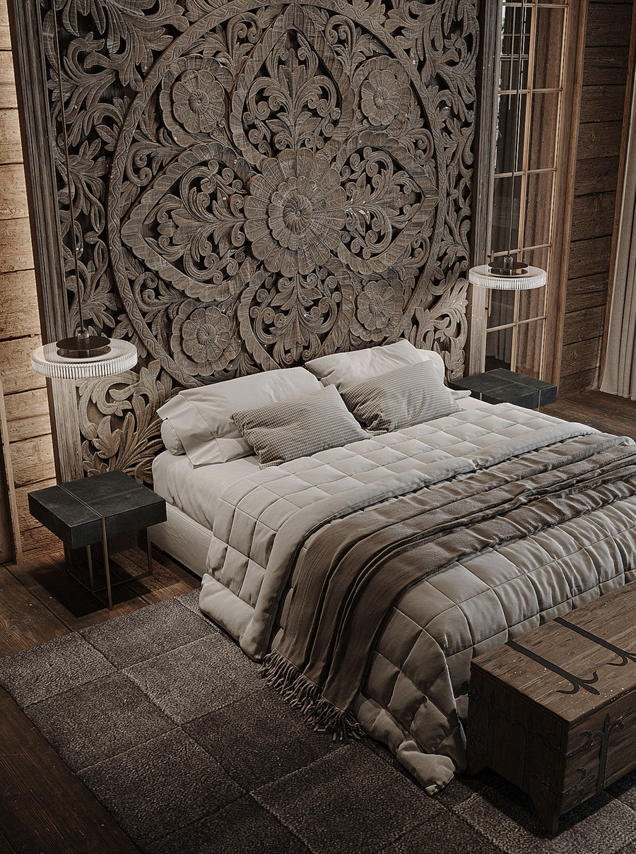 Symmetrical interior design with Italamp Gilda Suspension Lamps over bedside tables in a carved wall bedroom. Artistic Italian lighting at Spacio India.