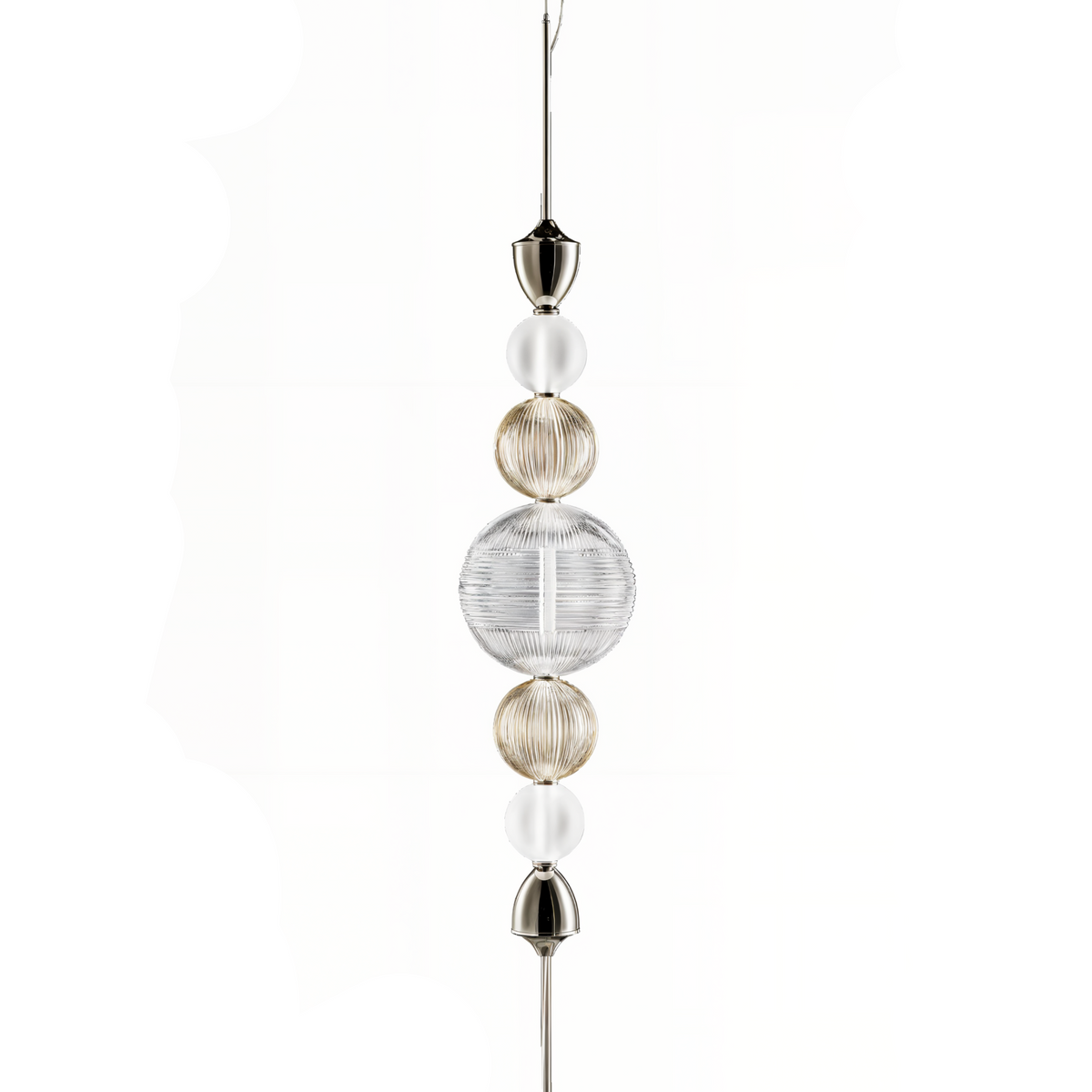 Product studio image of Italamp Greta Suspension Lamp featuring carved crystal orbs and polished nickel elements - available at Spacio India.