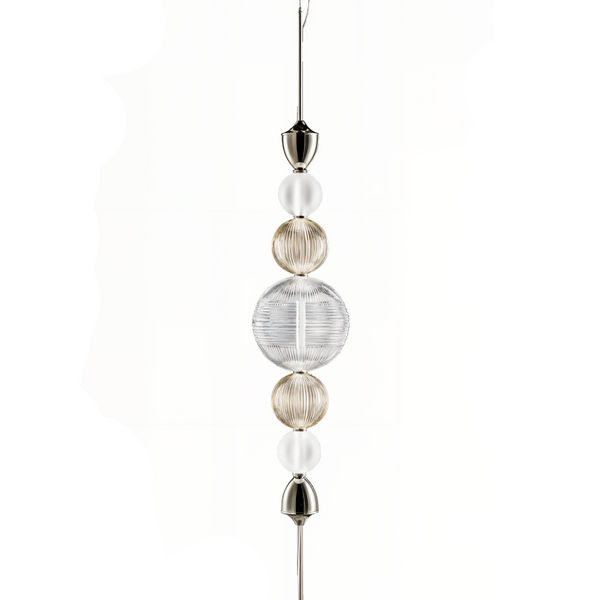 Product studio image of Italamp Greta Suspension Lamp featuring carved crystal orbs and polished nickel elements - available at Spacio India.
