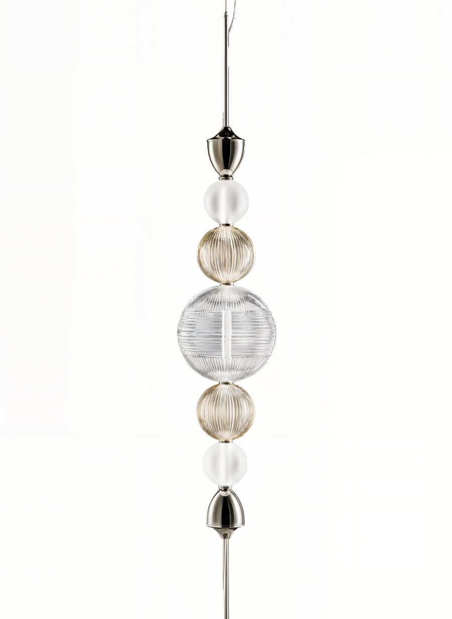 Product studio image of Italamp Greta Suspension Lamp featuring carved crystal orbs and polished nickel elements – available at Spacio India.