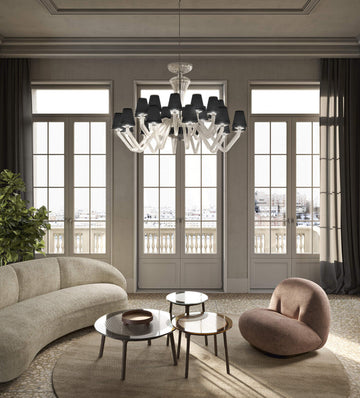 Italamp Libellula Chandelier in luxury living room setting with large windows, available at Spacio India – Italian designer suspension chandelier lighting