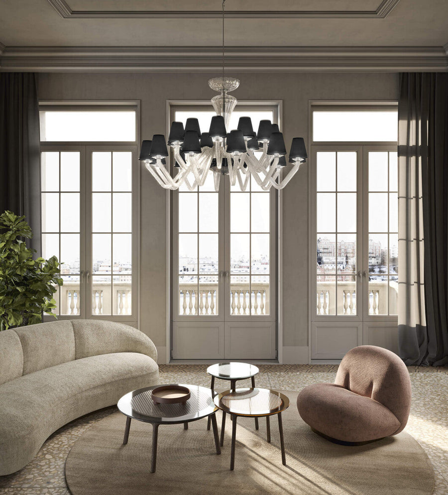 Italamp Libellula Chandelier in luxury living room setting with large windows, available at Spacio India – Italian designer suspension chandelier lighting
