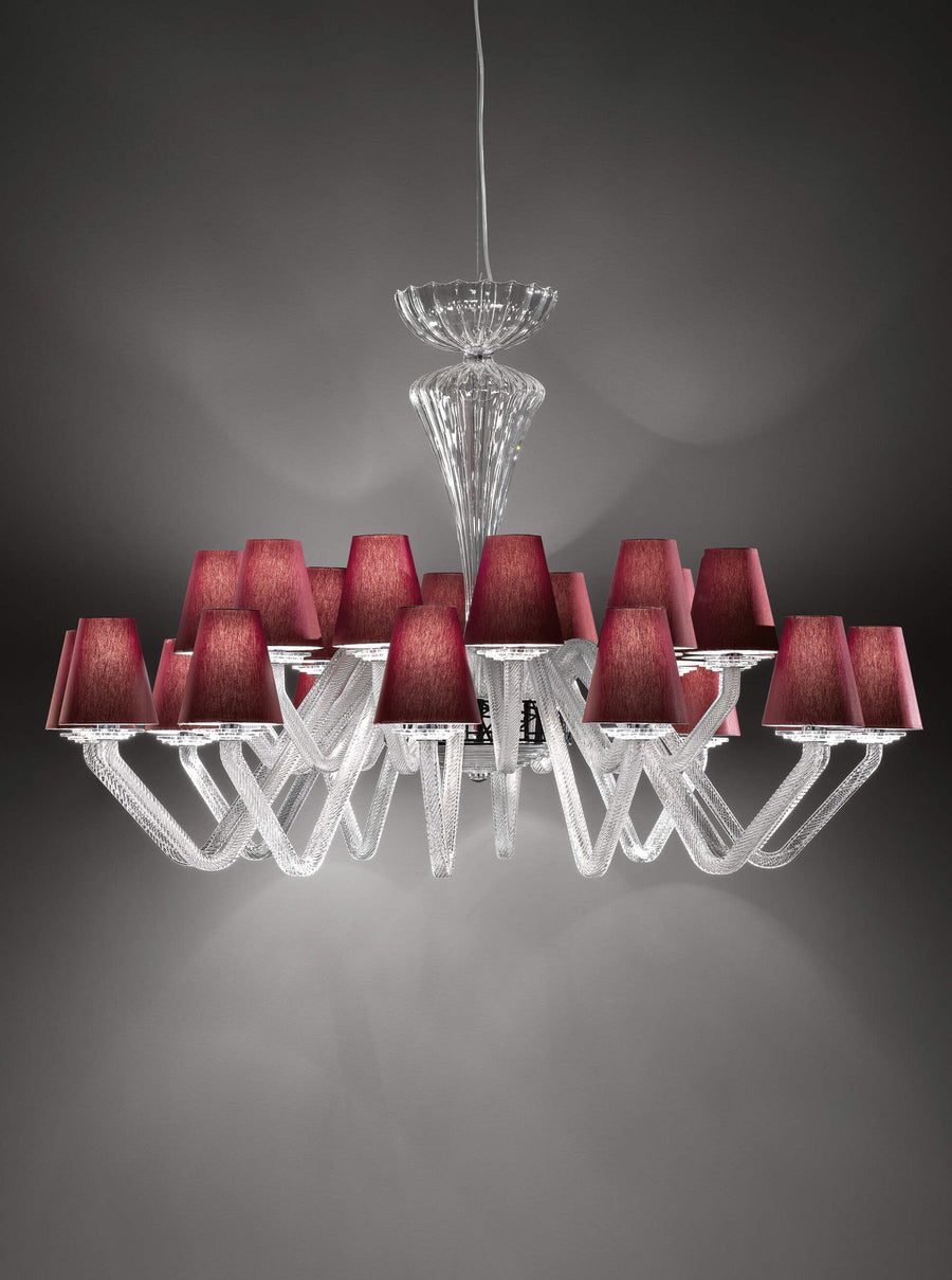 Close-up of Italamp Libellula Suspension Chandelier in clear glass with bordeaux fabric shades – high-end Italian lighting at Spacio India