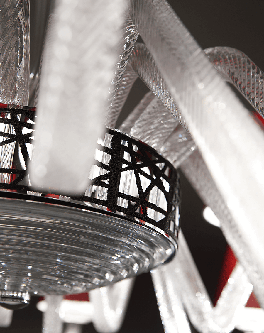 Detailed view of black crystal band on Italamp Libellula Chandelier – luxury Italian design lighting available at Spacio India