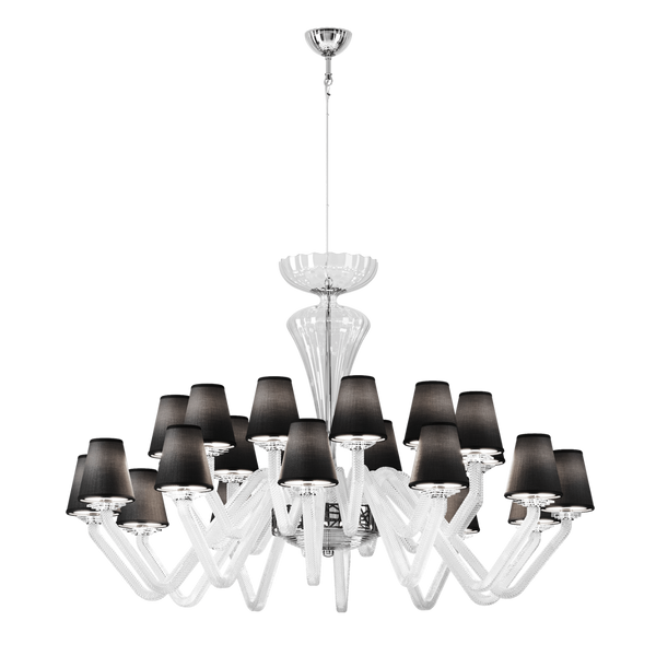Studio image of Italamp Libellula Chandelier with black shades and transparent hand-blown glass arms - decorative lighting at Spacio India