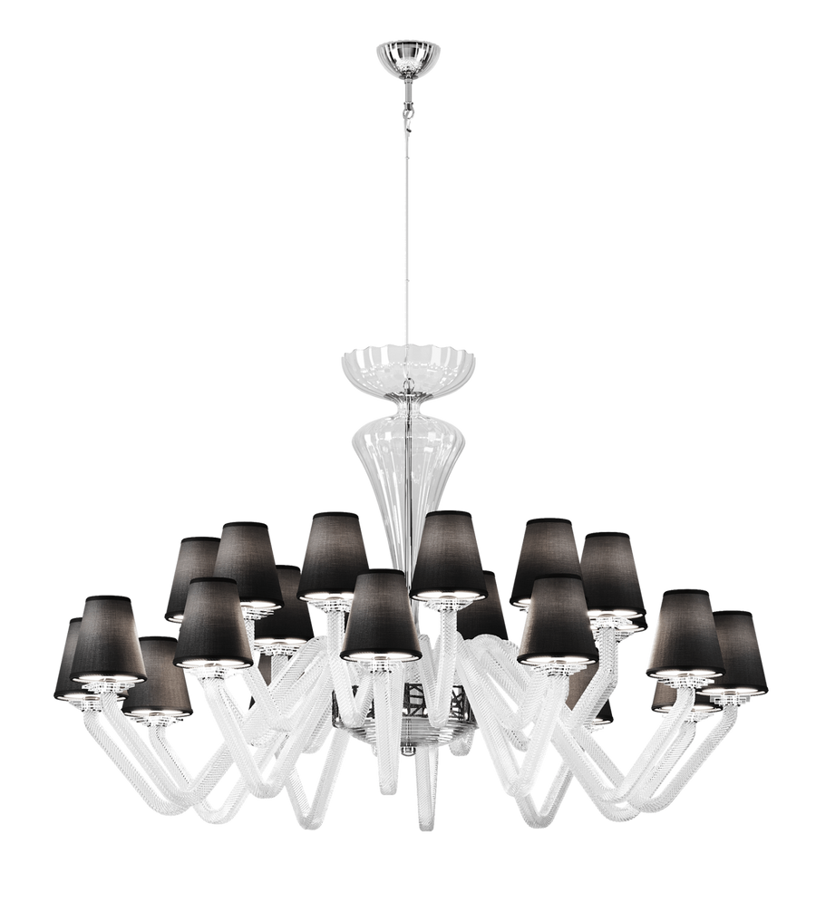 Studio image of Italamp Libellula Chandelier with black shades and transparent hand-blown glass arms – decorative lighting at Spacio India