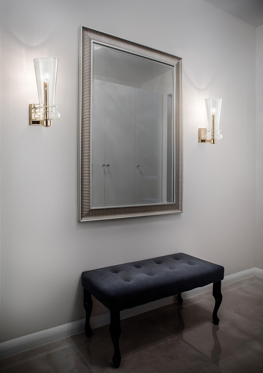 Italamp Licio wall lamps in brushed gold finish flanking a mirror, perfect for modern vanity or powder room styling – available at Spacio India