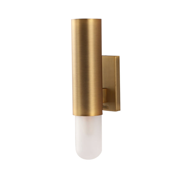 Gold wall sconce with a white glass shade on a white background from Italamp available at Spacio in India. 