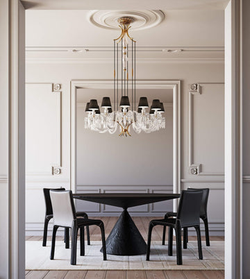 Italamp Margot Chandelier in a classic dining room setting with gold, crystal, and fabric details – luxury lighting by Italamp Italy at Spacio India