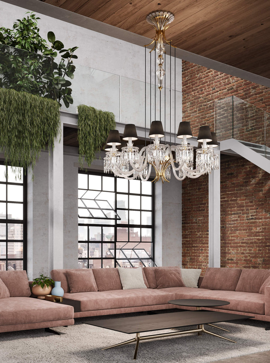 Contemporary loft styled with Italamp Margot Chandelier featuring artistic crystal arms and fabric diffusers – premium chandelier at Spacio India