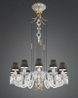 Studio shot of Italamp Margot Chandelier showcasing hand-cut crystal, light gold frame, and black fabric shades – Italamp Italy chandelier at Spacio India