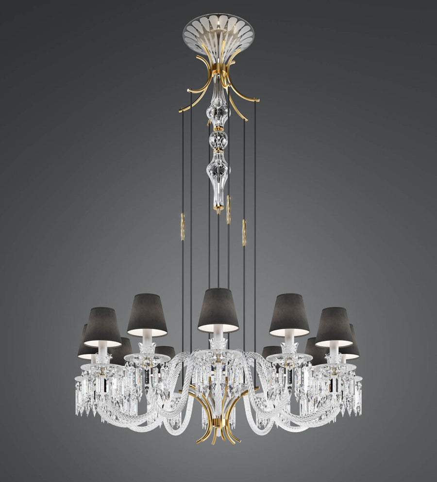 Studio shot of Italamp Margot Chandelier showcasing hand-cut crystal, light gold frame, and black fabric shades – Italamp Italy chandelier at Spacio India
