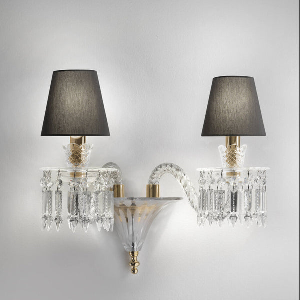 Full frontal view of Italamp Margot Wall Lamp with dual crystal arms, black fabric shades, and artistic glass, designed in Italy, at Spacio India.