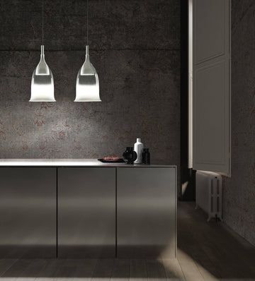 Two white shaded Italamp Nola Pendant Lamps hanging in a contemporary kitchen space – modern Italian lighting solution offered by Spacio India.