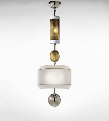 Italamp Odette Odile pendant lamp with mixed glass and metal elements in neutral tones, Italian designer lighting available at Spacio India