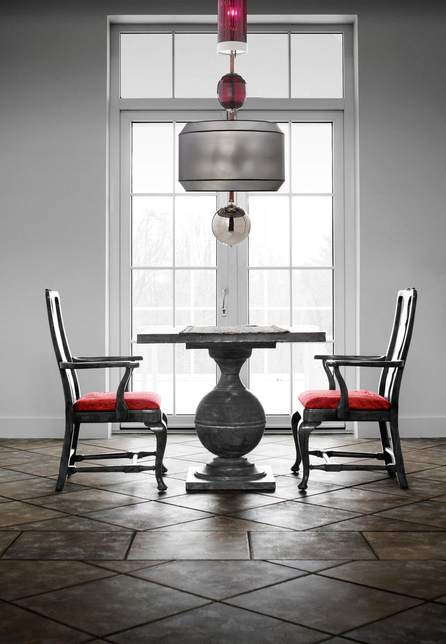 Italamp Odette Odile suspension lamp styled in a dining room with red velvet chairs, luxury Italian lighting at Spacio India