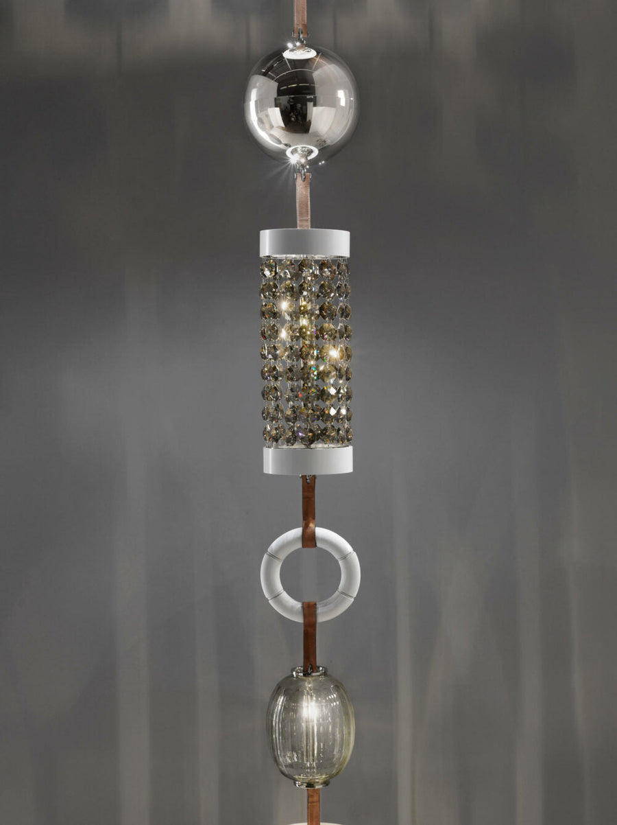 Close-up of Italamp Odette Odile crystal detail with mixed glass forms, luxury pendant lamp from Italy available at Spacio India