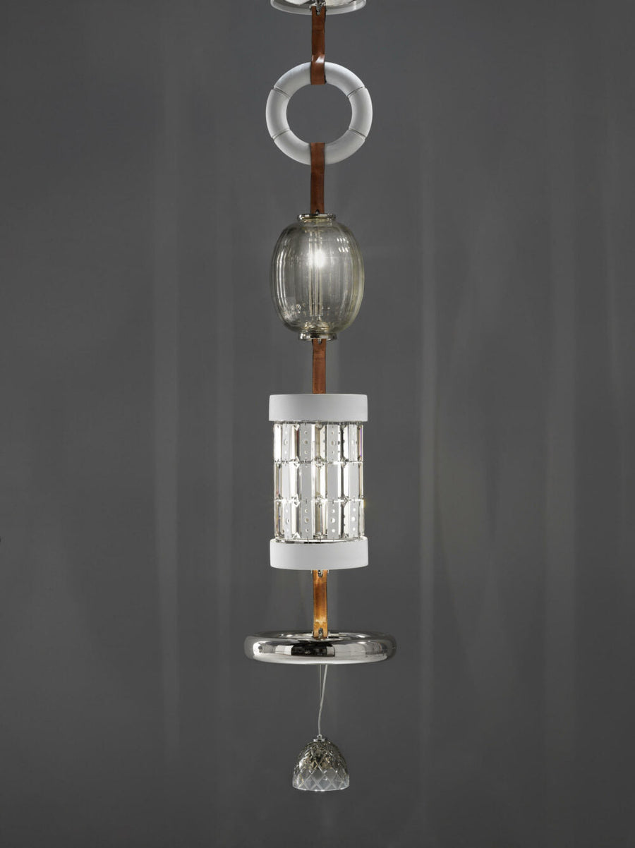Detailed view of Italamp Odette Odile suspension elements with clear and bronze crystal work, premium Italian lighting at Spacio India