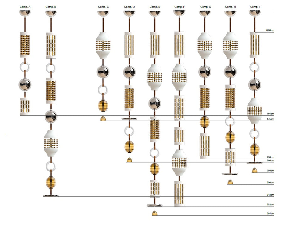 Line-up of pendant compositions A to I from Italamp Odette Odile Collection with design measurements, available through Spacio India.