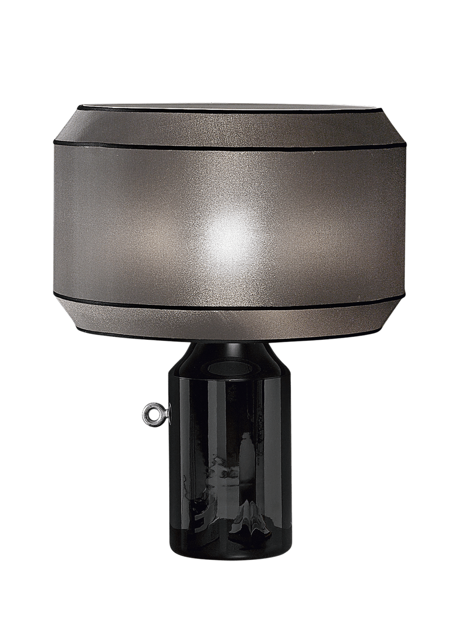 Front view of Italamp Odette Odile table lamp with black base and grey glass shade, Italian table lighting from Spacio India