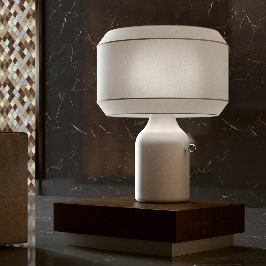 Italamp Odette Odile table lamp in white finish with elegant neutral interiors, designer lighting from Italy at Spacio India
