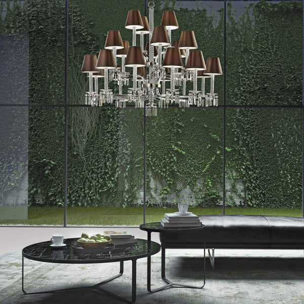 Italamp Prezioso Suspension Light in a modern living room setting with greenery backdrop, showcasing luxury crystal chandelier lighting at Spacio India.