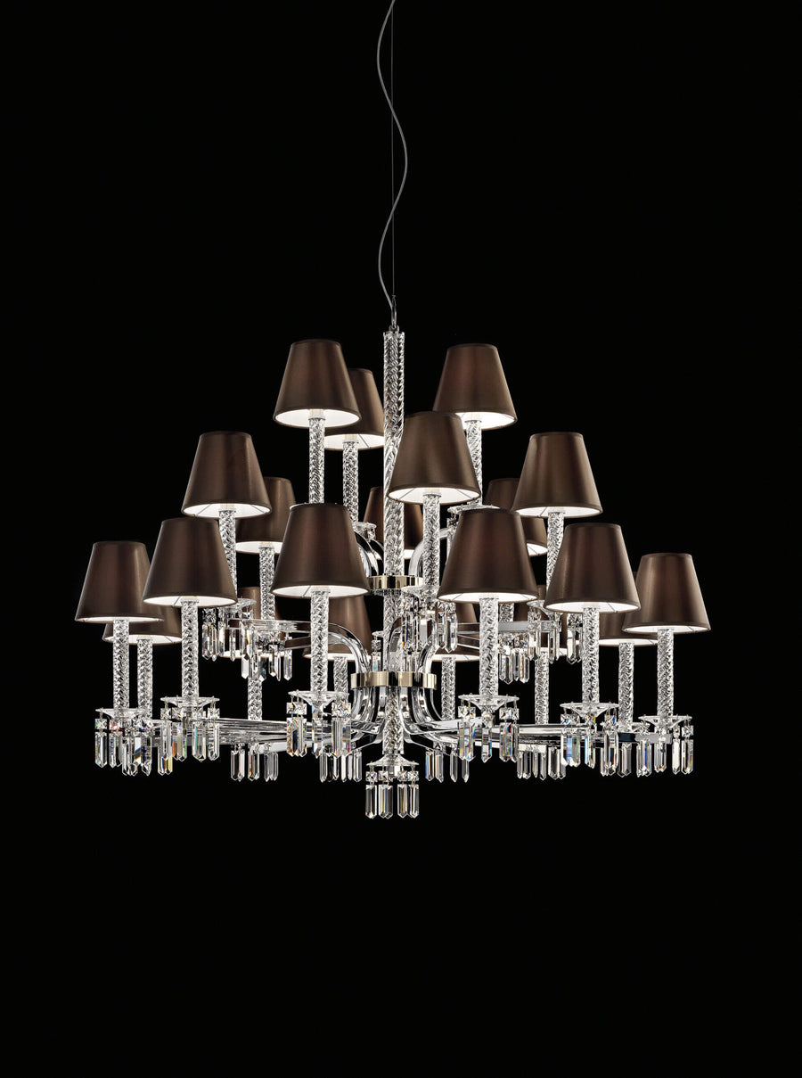 Close-up of Italamp Prezioso crystal suspension chandelier with brown shades, luxury hanging light from Italy available at Spacio India retail stores and online.