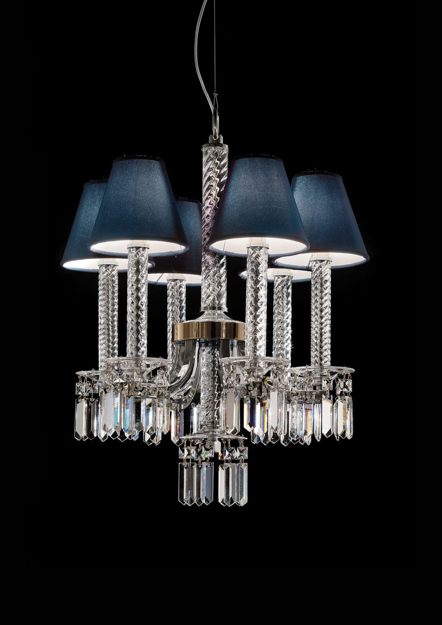 Italamp Prezioso Suspension with blue lamp shades and crystal arms, luxury decorative suspension lighting made in Italy and available at Spacio India.