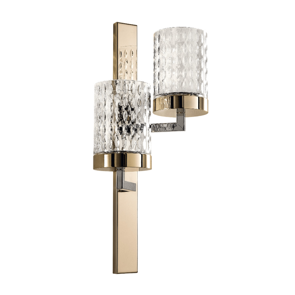 Wall-mounted light fixture with gold finish and clear glass shades on a white background
