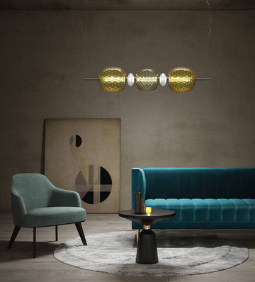 Italamp Rita Suspension Lamp styled in modern living room setting with gold crystal diffusers, available at Spacio India