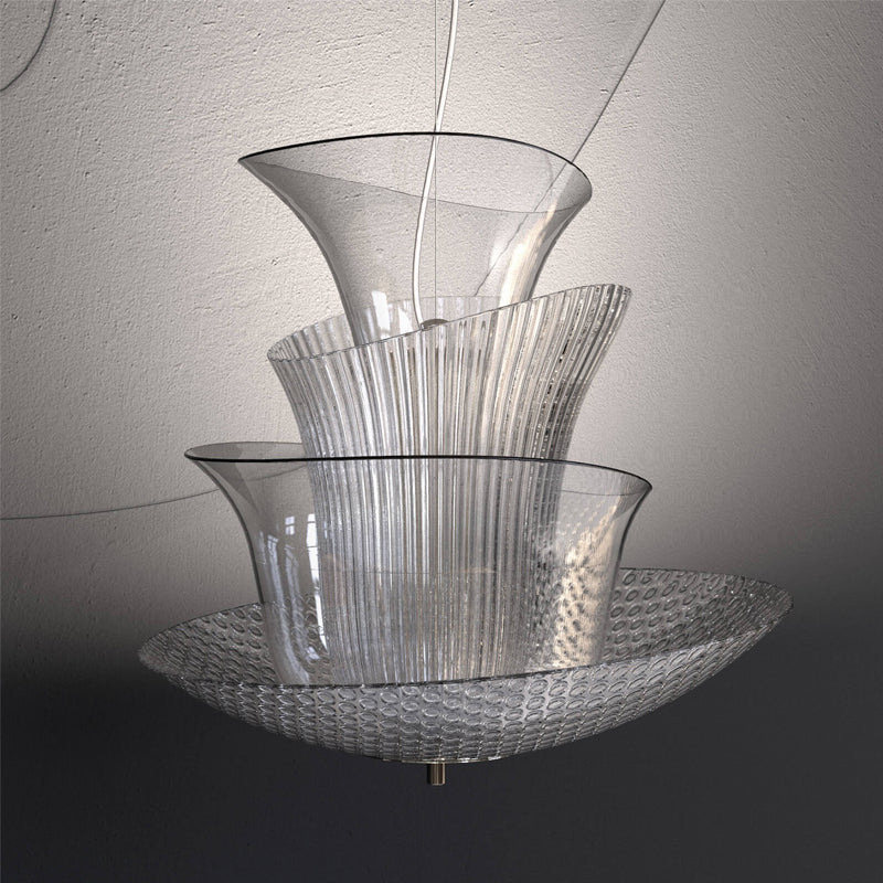 Close-up of Italamp Trevi Suspension Lamp showing layered clear glass petals with distinct textures, available at Spacio India.