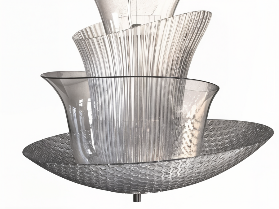 Lower half close-up of Italamp Trevi Suspension Lamp with dimpled glass bowl and curved clear glass, part of Spacio India’s designer lighting range.