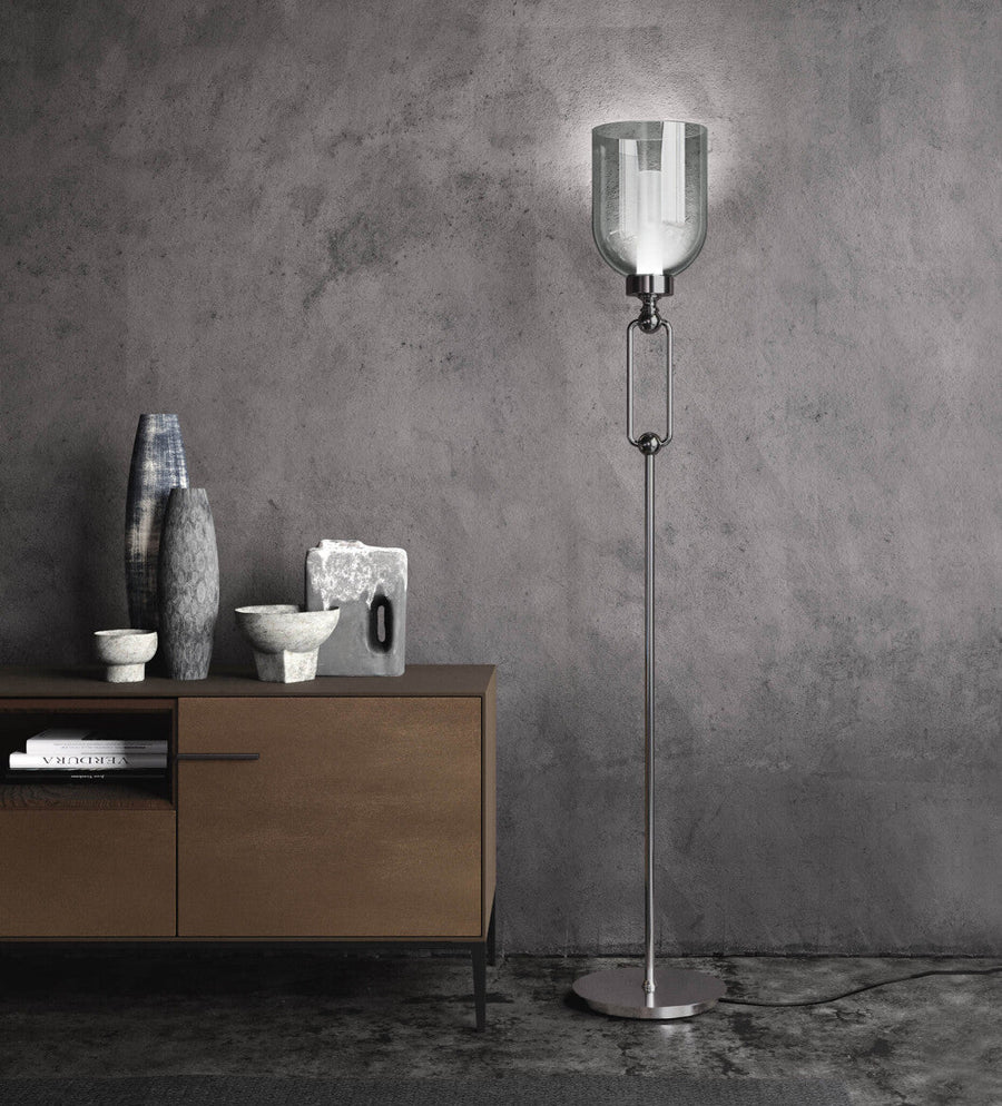 Smoked glass floor lamp from Italamp Valentina Collection in nickel finish, designer lighting at Spacio India