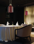 Italamp Valentina red pendant lamps in fine dining setting, luxury lighting available at Spacio India
