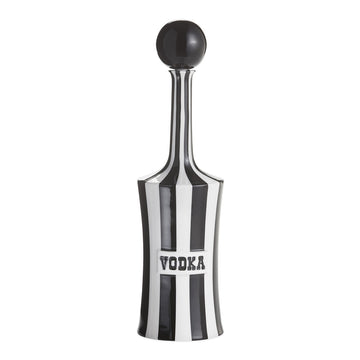 A black and white Jonathan Adler JA Decanter Vice Vodka bottle.