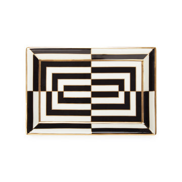 A black and white rectangular tray with a gold trim, showcasing modern artistry inspired by Op Art - JA Op Art Rectangle Tray Black White from Jonathan Adler.