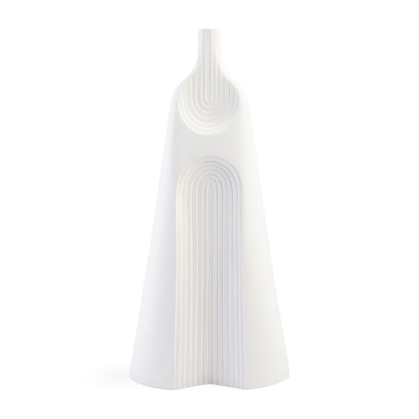 A JA Vase Arco Large White from Jonathan Adler, with a curved shape, exuding timeless sophistication.