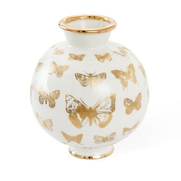 Description: A JA Vase Botanist Round Butterfly vase adorned with delicate gold butterfly accents. (Brand Name: Jonathan Adler)
