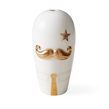 A Jonathan Adler surrealist painter's creation - the JA Vase Glided Muse Salvador, with a mustache and a star, exuding an air of masculinity.