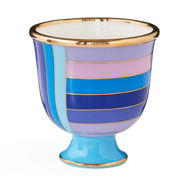 Embrace retro-chic elegance with the Jonathan Adler JA Vase Scala Pedestal Bowl, a blue and purple masterpiece adorned with gold trim.