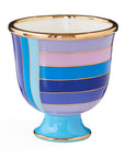 Embrace retro-chic elegance with the Jonathan Adler JA Vase Scala Pedestal Bowl, a blue and purple masterpiece adorned with gold trim.