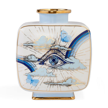 Elevate your space with the Jonathan Adler JA Vase Square Druggist, an all-seeing eye masterpiece. Crafted from high-fired porcelain, this vase showcases a mesmerizing blue and gold.