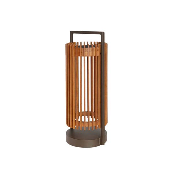 Wooden outdoor solar lantern with a black base on a white background