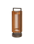 Wooden outdoor solar lantern with a black base on a white background