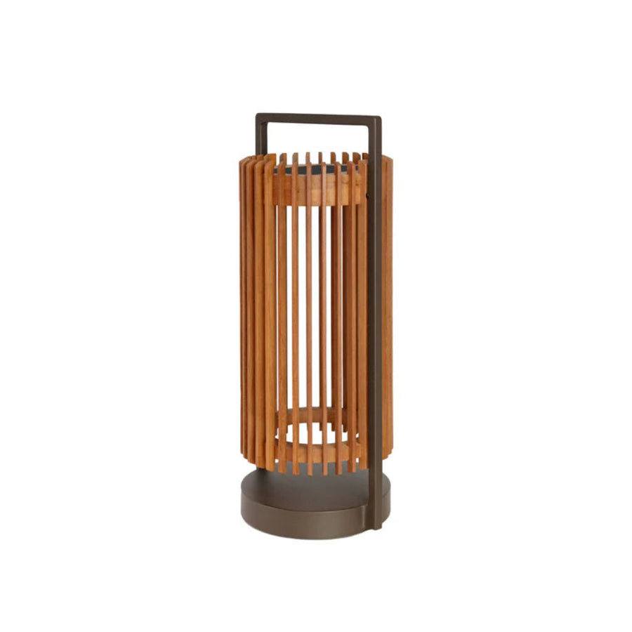 Wooden outdoor solar lantern with a black base on a white background