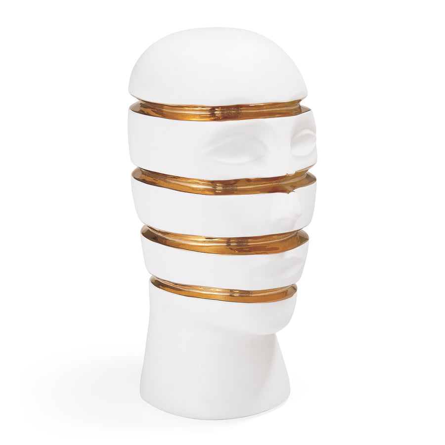 Side look of Jonathan Adler Atlas Sliced Gold Glided ceramic sculpture on a white background available at Spacio India for Luxury Homes collection of Sculpture & Art Objects.